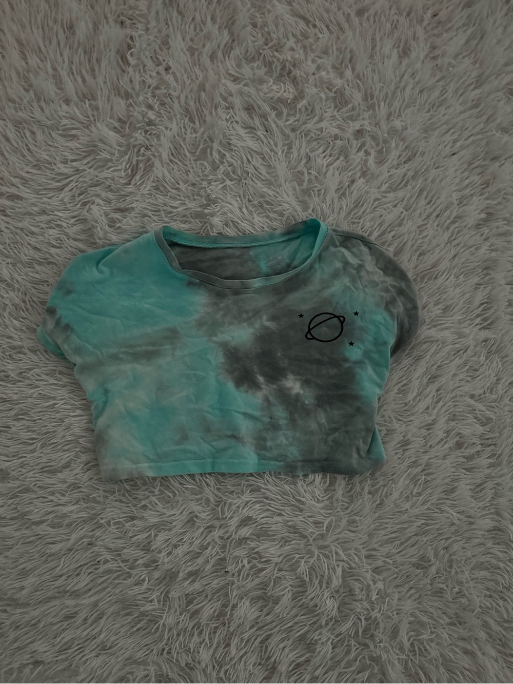 SHEIN Aqua Teal and Gray Tie-Dye Crop Top with Planet Graphic